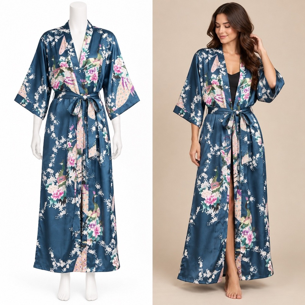 KIM + ONO Kimono Robe Womens OS Teal Blue Peacock Floral Satin Long Belted